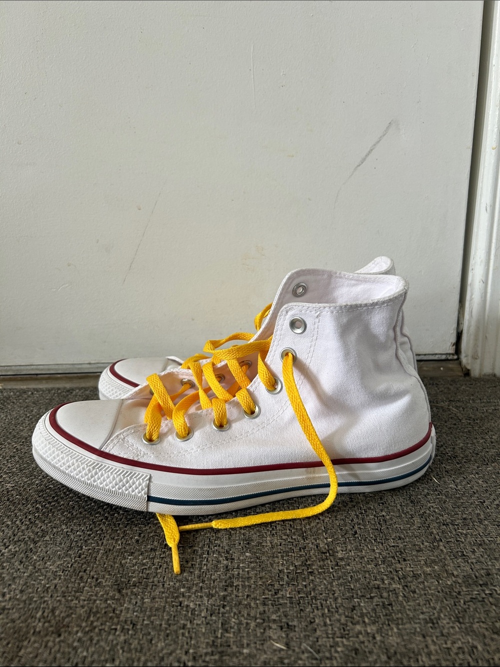 Converse White High-Top Sneakers with Yellow Laces